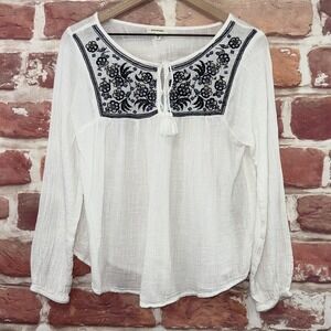 Max Studio Top Women's L White Multicolor Embroidered Floral Boho Peasant Shirt